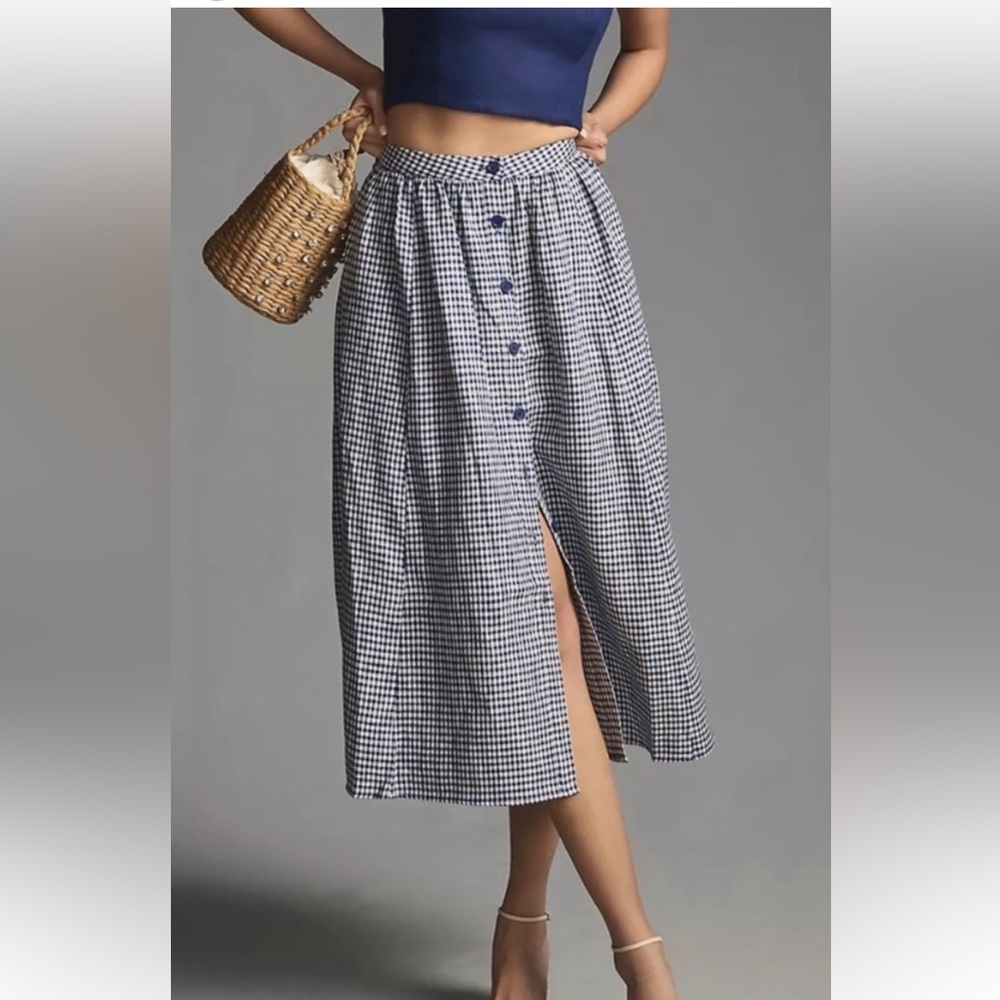 Reformation Orzo Skirt Size 0, Linen Blue and White